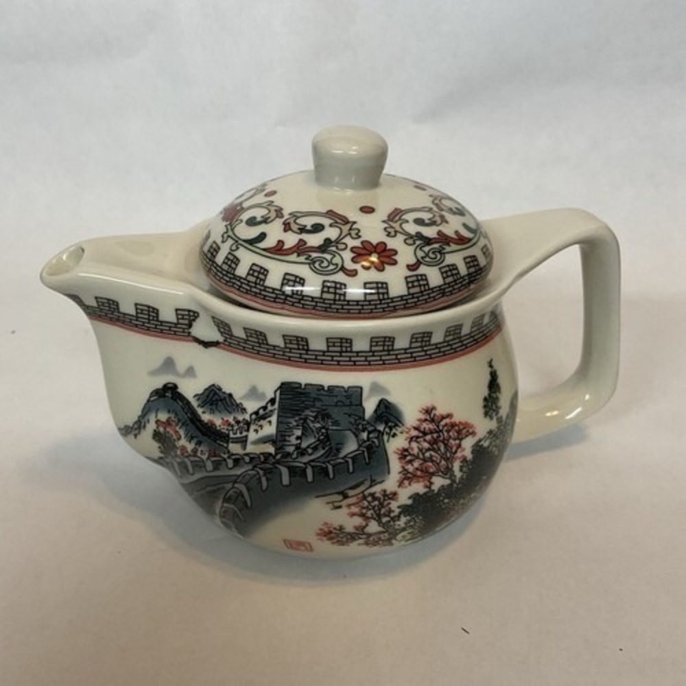 NWOB VTG Jingdezhen Ivory/Gray/Red Chinese Porcelain Teapot Great Wall OF China